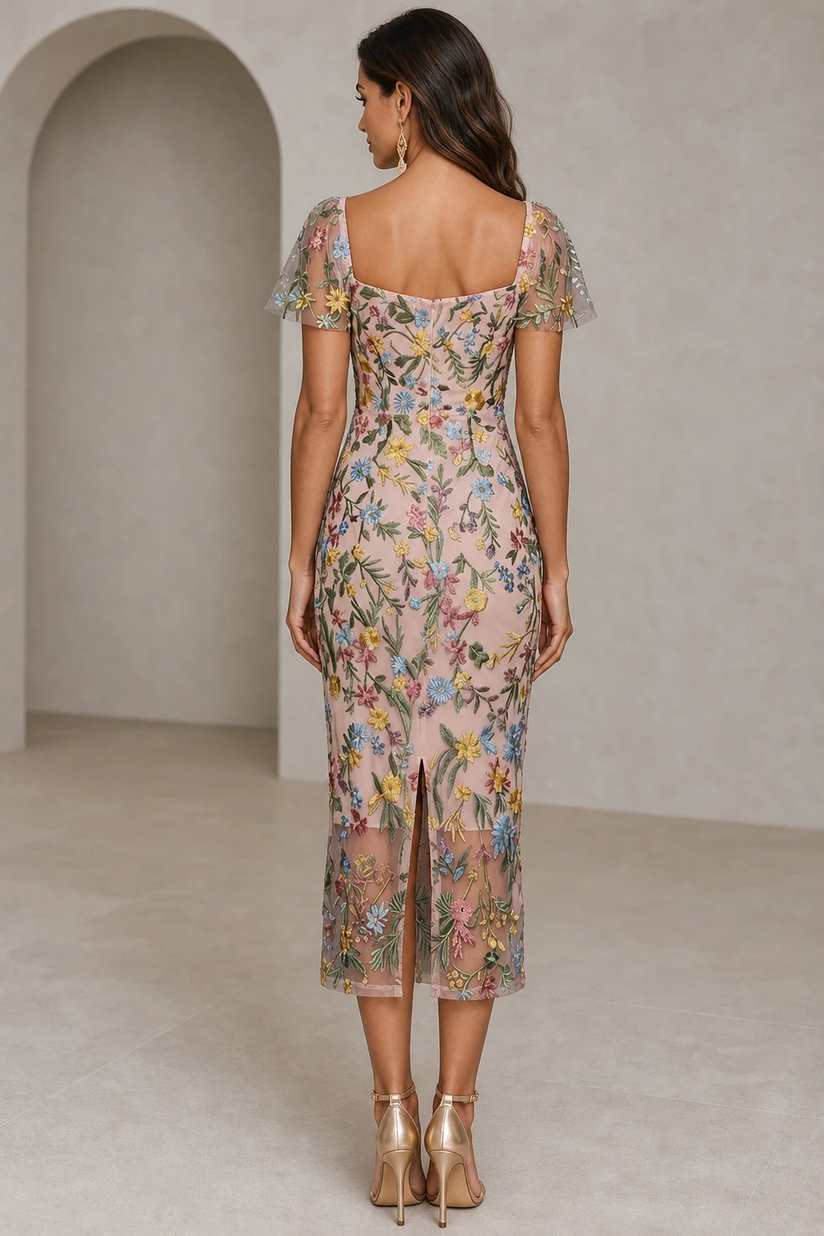 Romantic Sheath Sweetheart Flutter-Sleeve Square-Back Midi Wedding Guest Dress