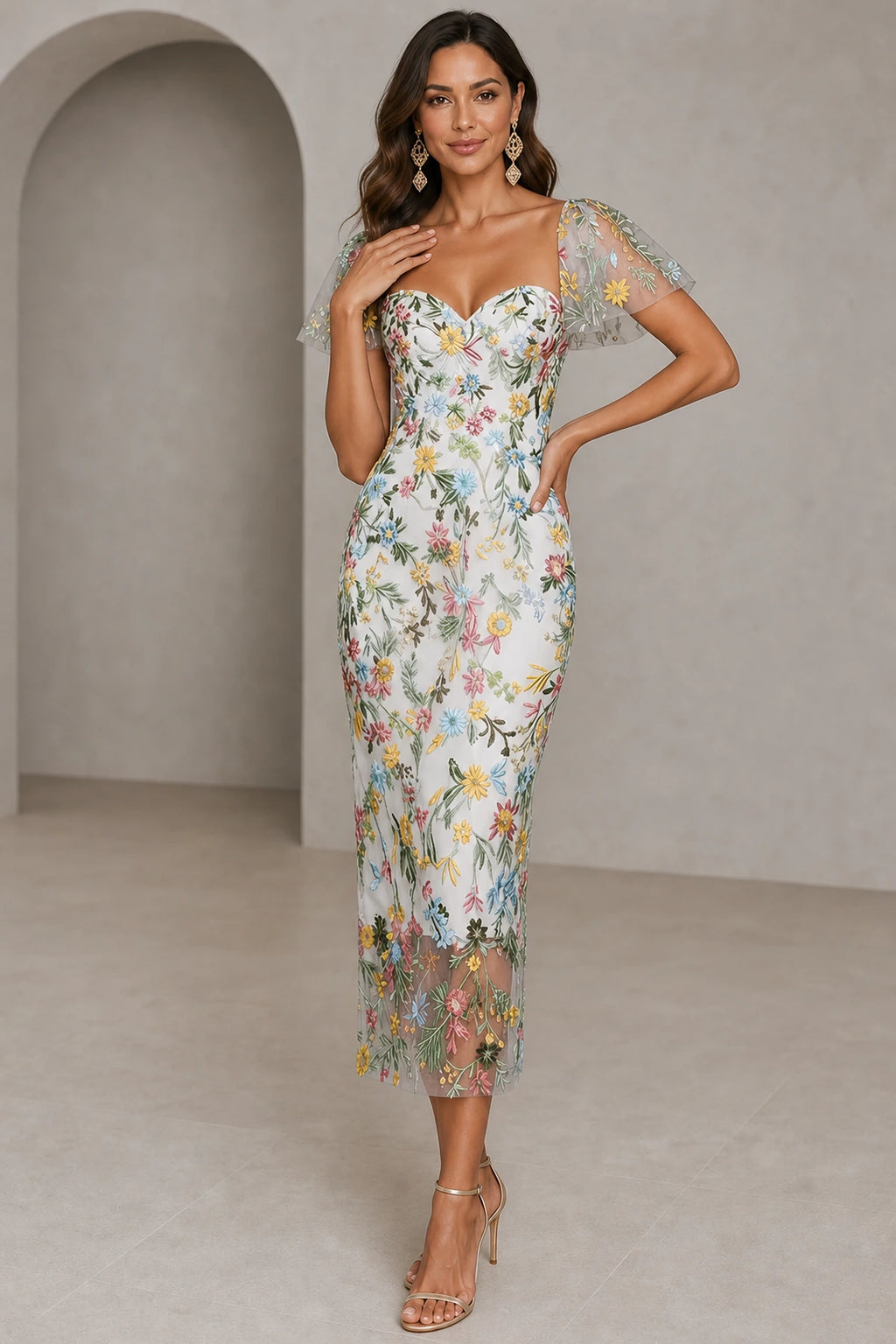 Romantic Sheath Sweetheart Flutter-Sleeve Square-Back Midi Wedding Guest Dress