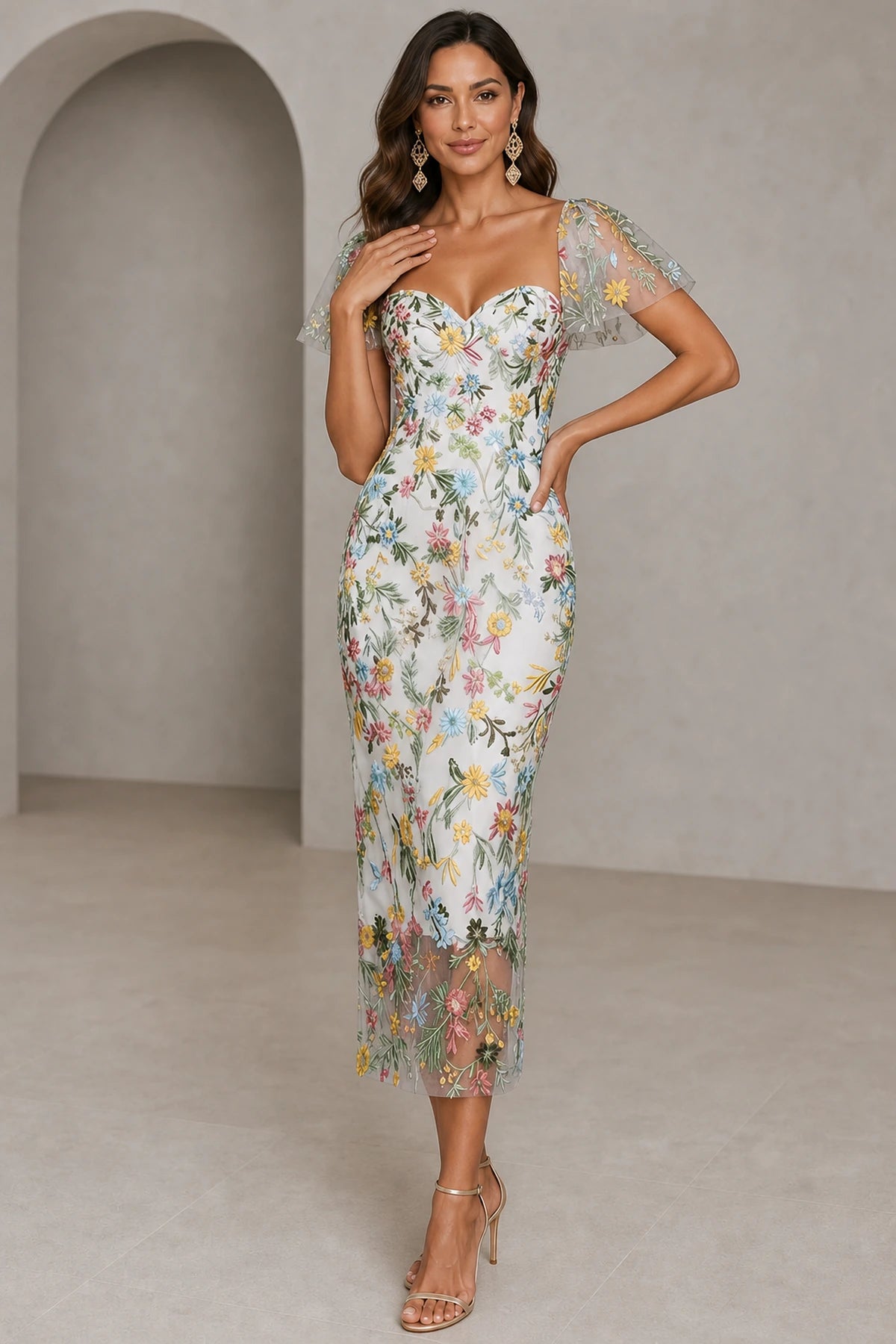 Romantic Sheath Sweetheart Flutter-Sleeve Square-Back Midi Wedding Guest Dress