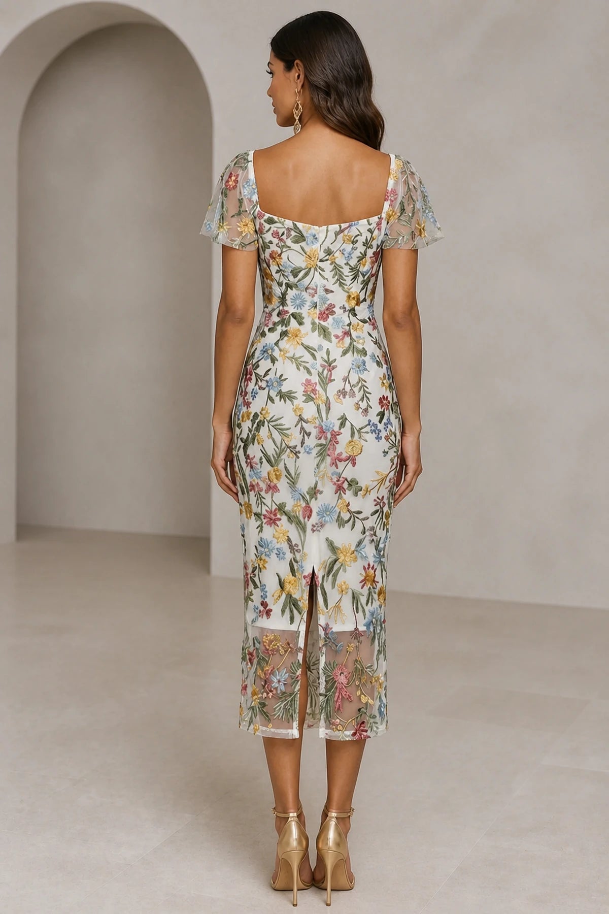 Romantic Sheath Sweetheart Flutter-Sleeve Square-Back Midi Wedding Guest Dress