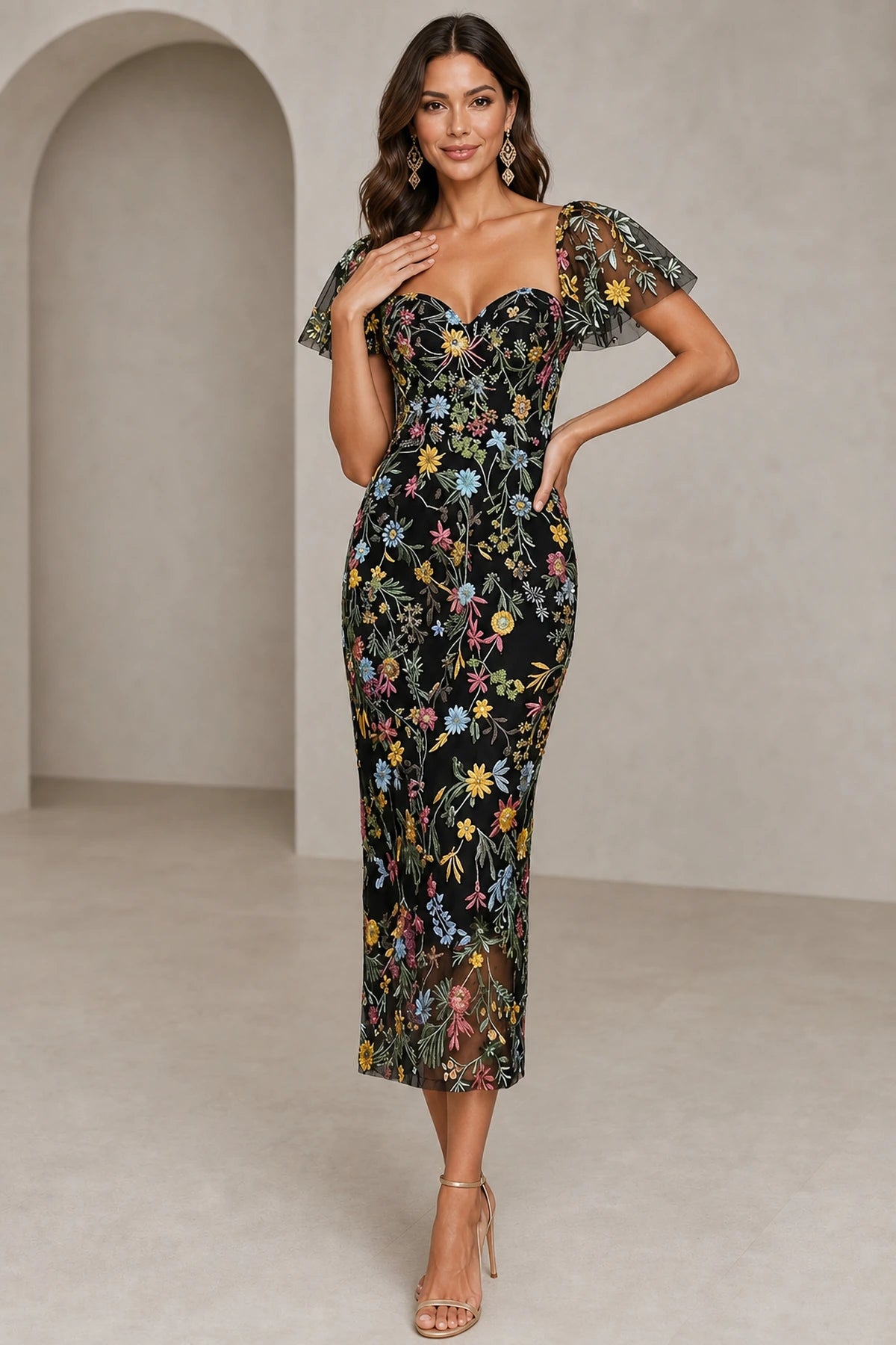 Romantic Sheath Sweetheart Flutter-Sleeve Square-Back Midi Wedding Guest Dress