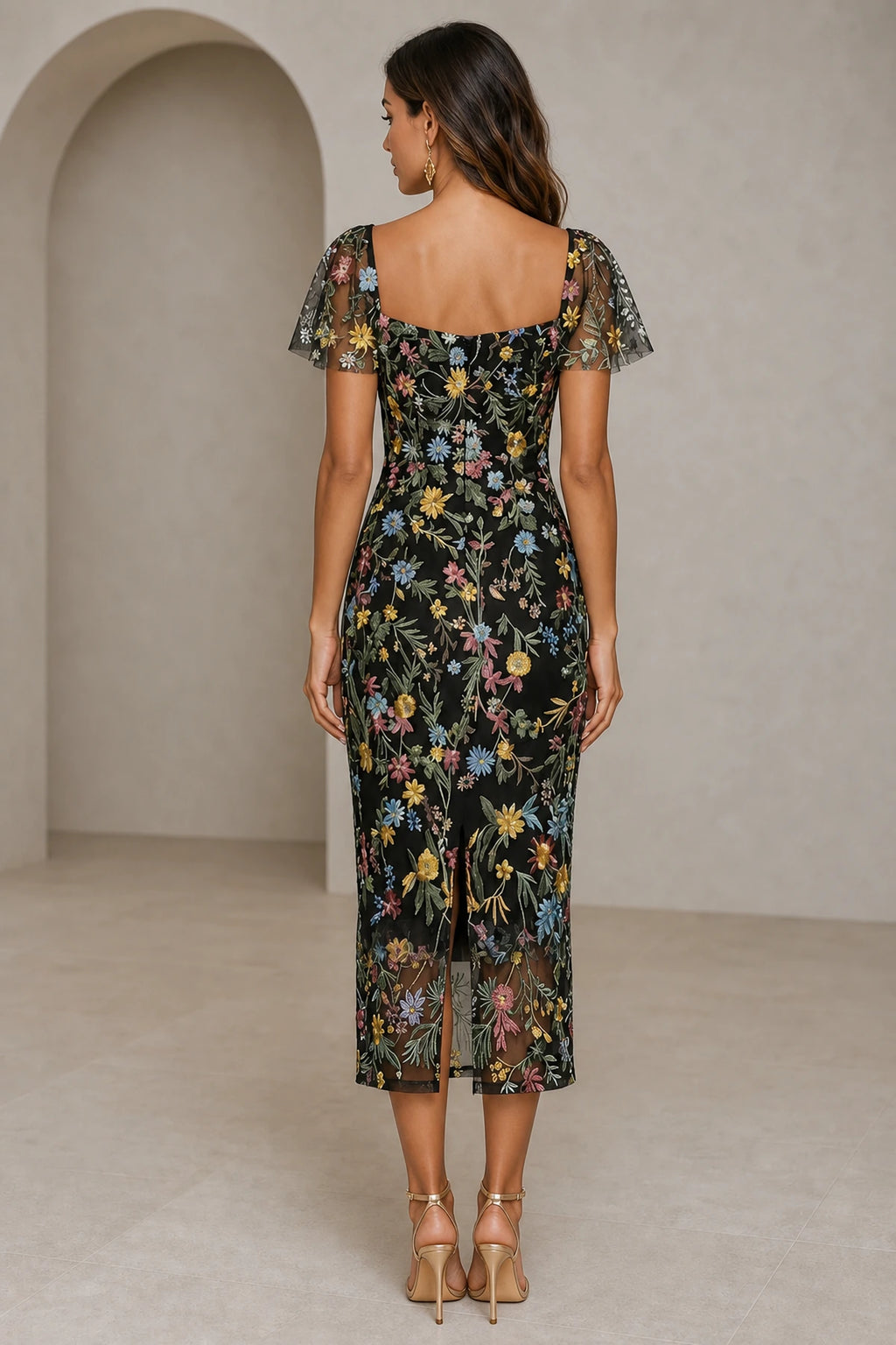 Romantic Sheath Sweetheart Flutter-Sleeve Square-Back Midi Wedding Guest Dress