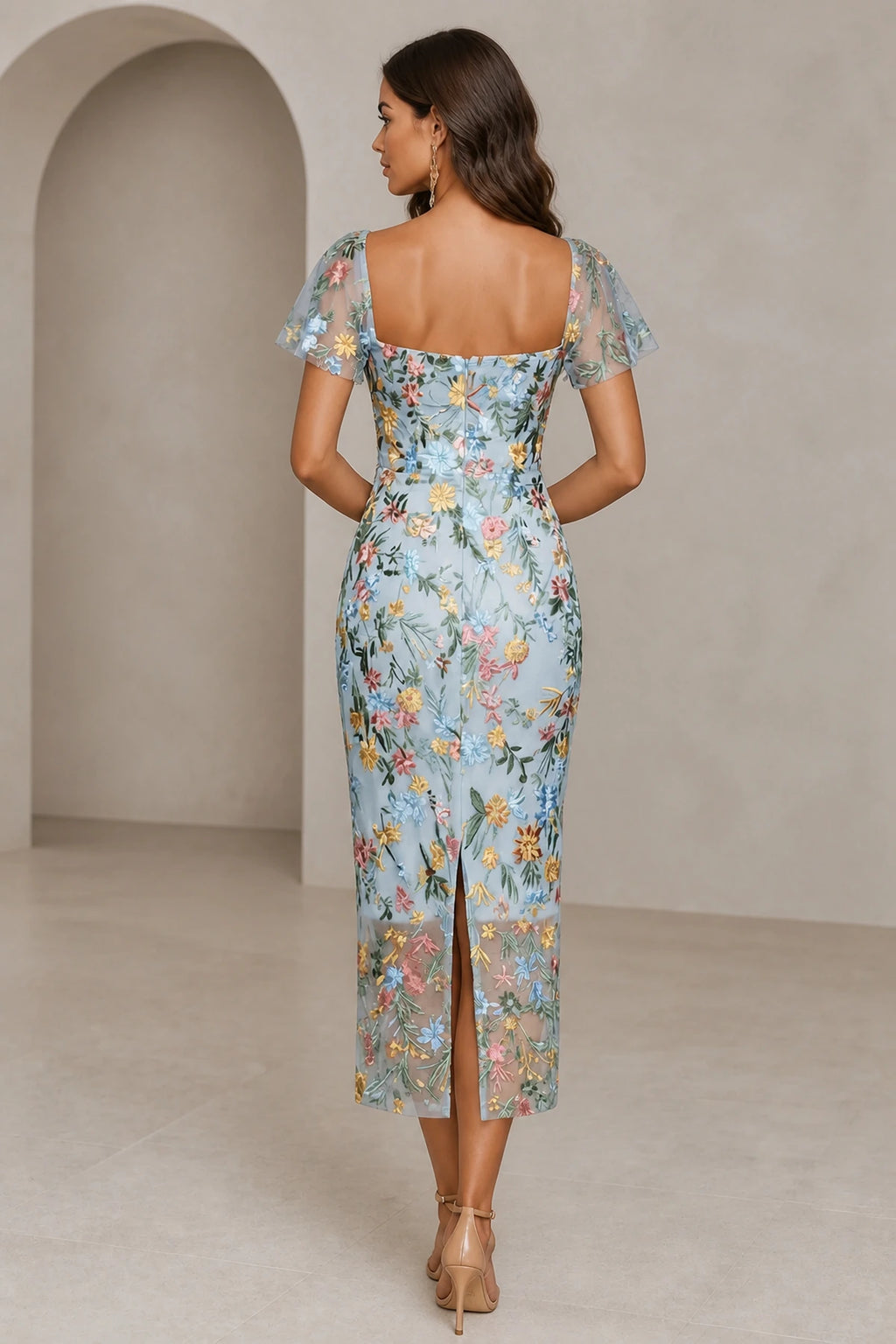 Romantic Sheath Sweetheart Flutter-Sleeve Square-Back Midi Wedding Guest Dress