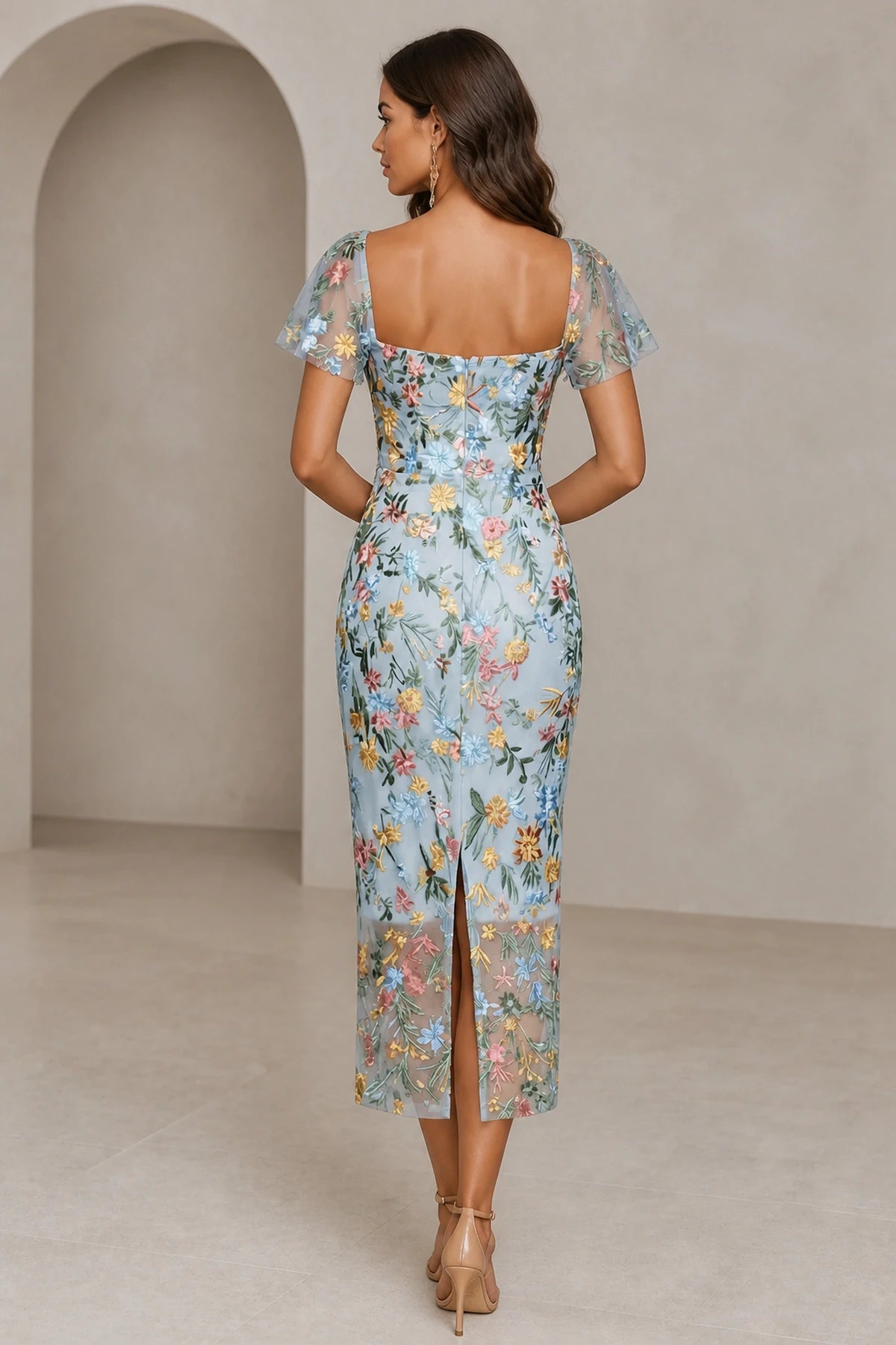 Romantic Sheath Sweetheart Flutter-Sleeve Square-Back Midi Wedding Guest Dress