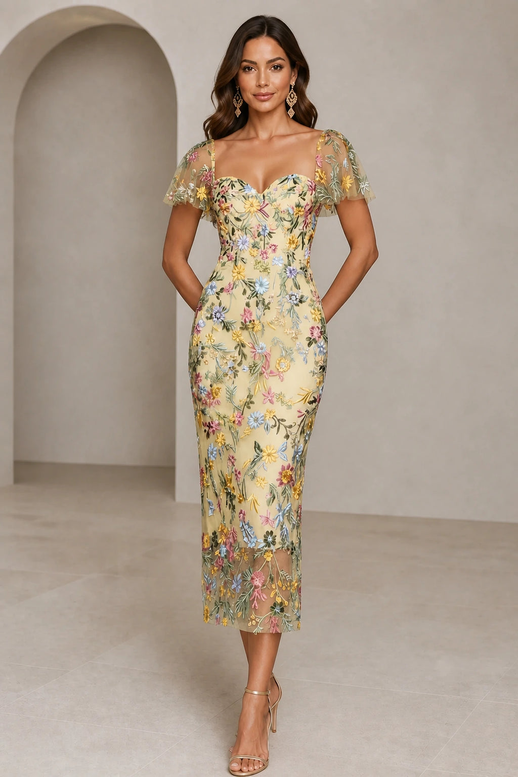 Romantic Sheath Sweetheart Flutter-Sleeve Square-Back Midi Wedding Guest Dress