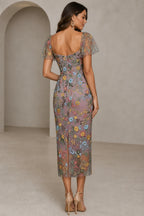 Back view of floral embroidered midi wedding guest dress with square open back and sheer sleeves by GraceProm