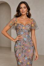 Romantic Sheath Sweetheart Flutter-Sleeve Square-Back Midi Wedding Guest Dress
