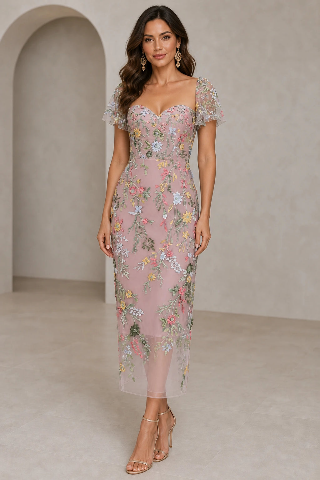 Romantic Sheath Sweetheart Flutter-Sleeve Square-Back Midi Wedding Guest Dress