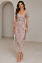 Romantic Sheath Sweetheart Flutter-Sleeve Square-Back Midi Wedding Guest Dress