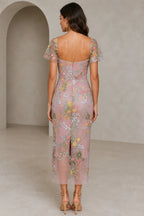 Romantic Sheath Sweetheart Flutter-Sleeve Square-Back Midi Wedding Guest Dress
