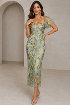 Romantic Sheath Sweetheart Flutter-Sleeve Square-Back Midi Wedding Guest Dress