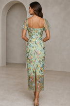 Romantic Sheath Sweetheart Flutter-Sleeve Square-Back Midi Wedding Guest Dress