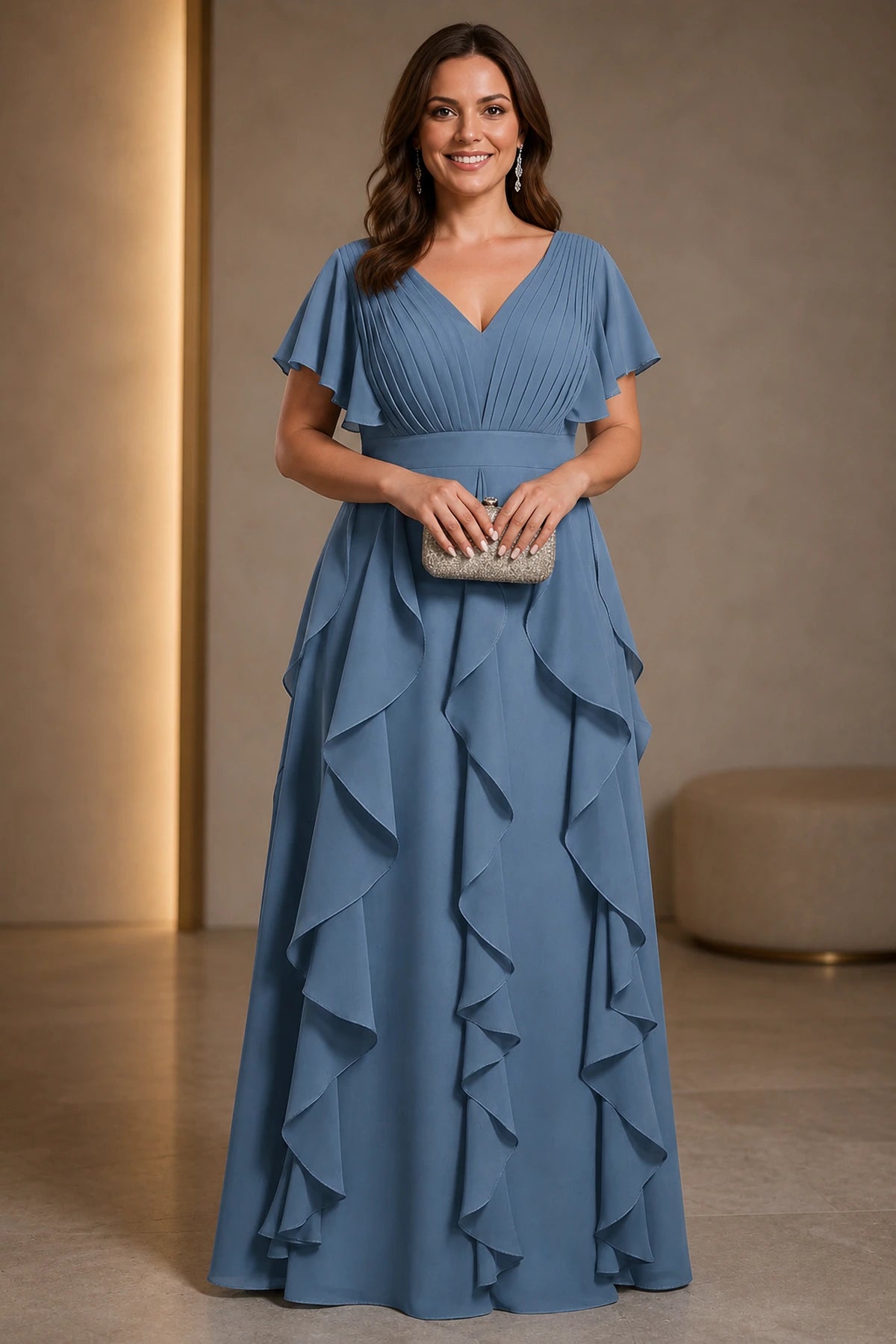Graceprom plus size dusty blue chiffon mother of the bride dress, v neck flutter sleeve a line long formal gown