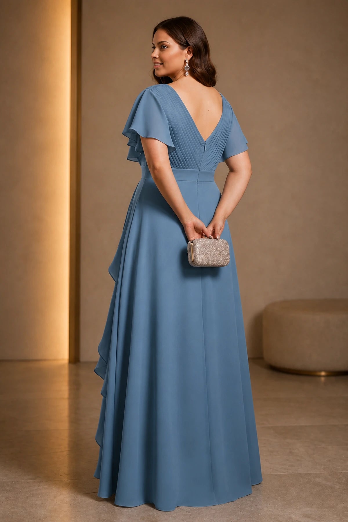 Back view of Graceprom dusty blue mother of bride dress, deep v back chiffon long wedding guest gown