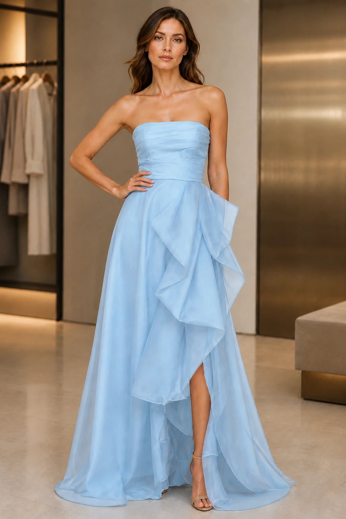 Romantic A-Line Strapless Sleeveless Zip Back Floor Length Prom Dress