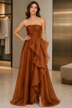 Romantic A-Line Strapless Sleeveless Zip Back Floor Length Prom Dress