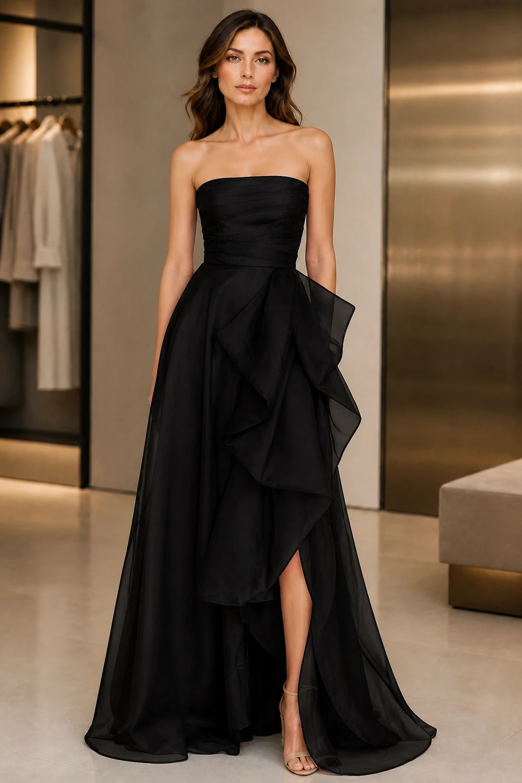 Romantic A-Line Strapless Sleeveless Zip Back Floor Length Prom Dress