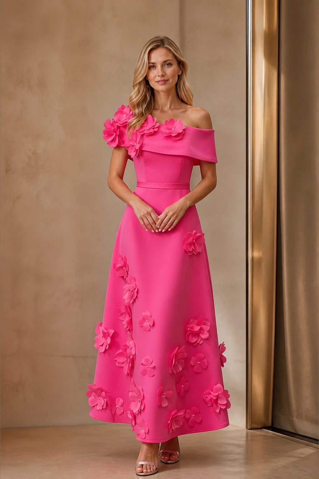 graceprom hot pink A-line wedding guest dress front view, off shoulder fold neckline, dimensional 3D flower appliques, midi length scuba gown