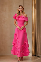 graceprom hot pink A-line wedding guest dress front view, off shoulder fold neckline, dimensional 3D flower appliques, midi length scuba gown
