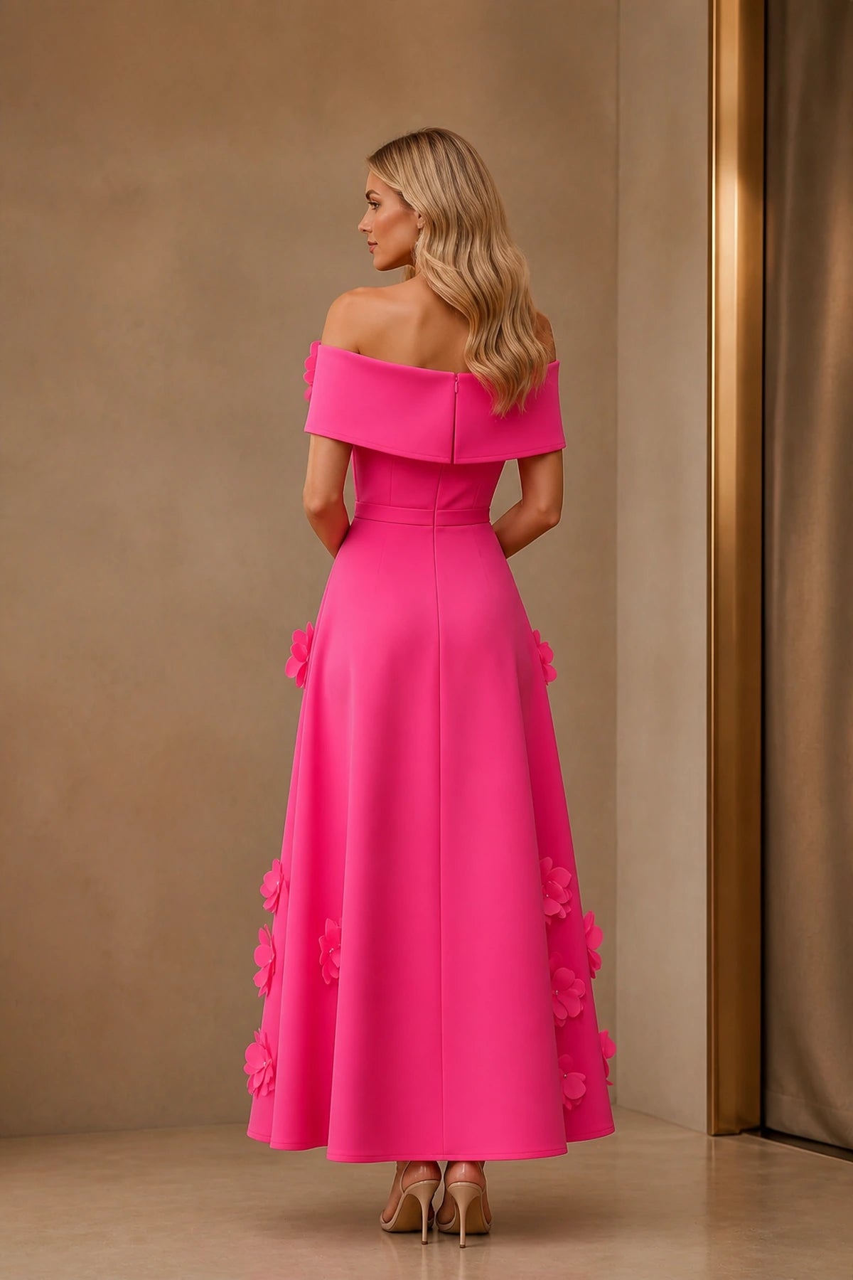 graceprom hot pink A-line wedding guest dress back view, off shoulder design, center back zipper, scattered 3D floral details
