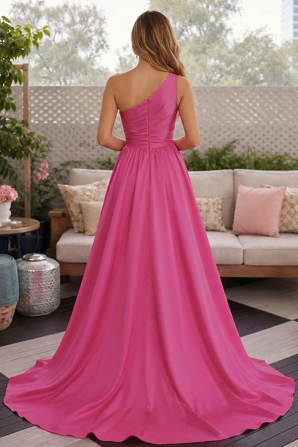 Graceprom hot pink A-line formal gown, back view with invisible center zipper and floor-sweeping train