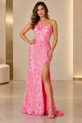 Front view of Graceprom hot pink one shoulder sequin mermaid prom dress with floral lace embroidery and high side slit
