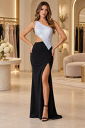 Front view of Graceprom iridescent sequin one shoulder mermaid prom dress with waist cutout and black high slit skirt
