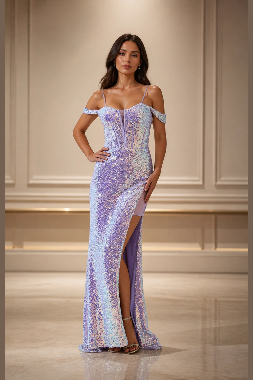 Lavender sequin mermaid prom dress with sweetheart neckline, off-shoulder straps and thigh slit by GraceProm