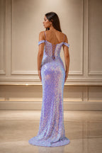Back view of lavender sequin mermaid prom dress with spaghetti straps and lace-up back by GraceProm