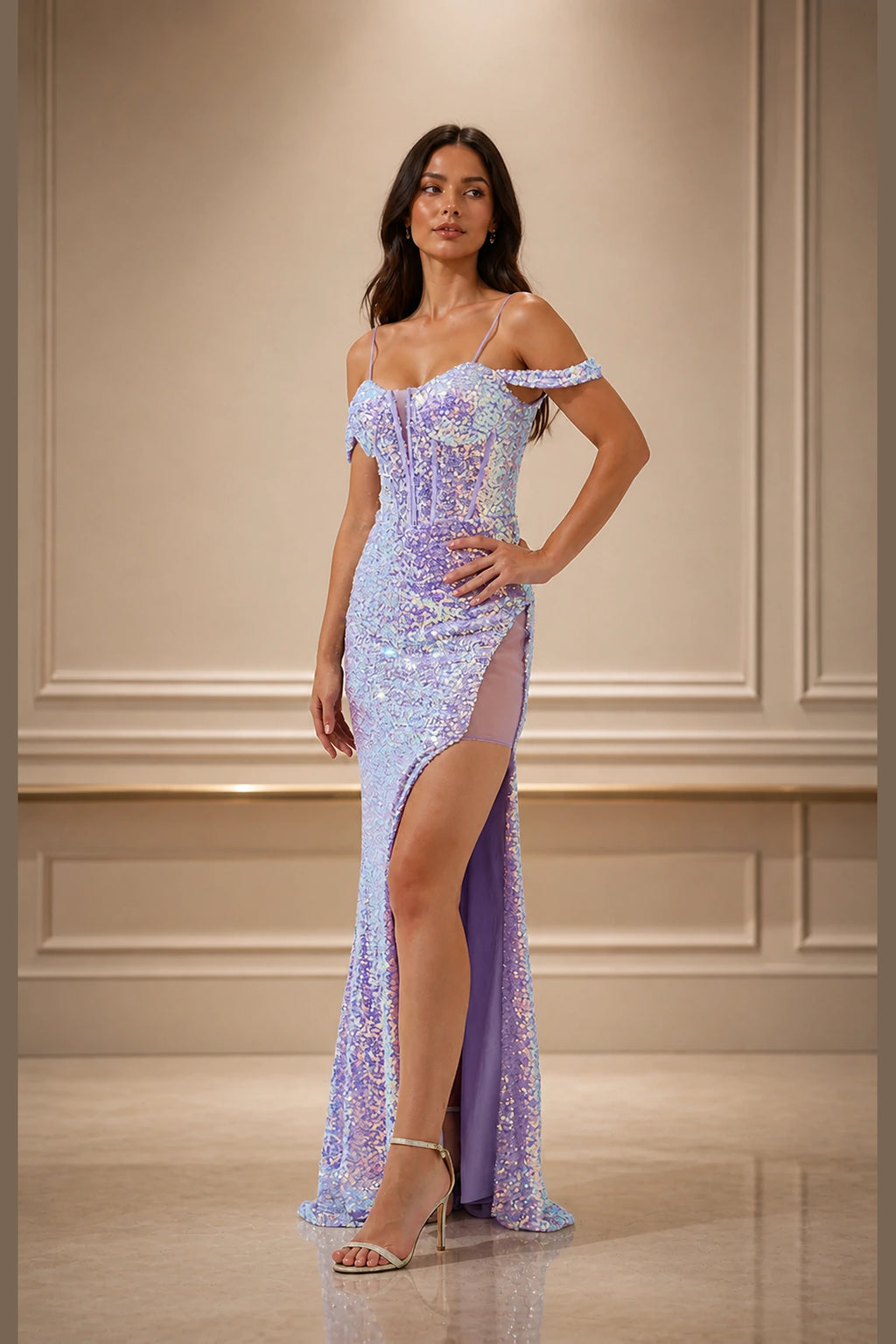 Glamorous Mermaid Sweetheart Spaghetti-Strap Off-Shoulder Lace-Up Floor-Length Prom Dress