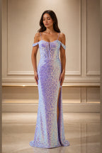 Glamorous Mermaid Sweetheart Spaghetti-Strap Off-Shoulder Lace-Up Floor-Length Prom Dress