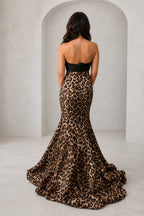 graceprom leopard print mermaid prom dress back view, strapless straight back, center back zipper, sweep train hem formal gown