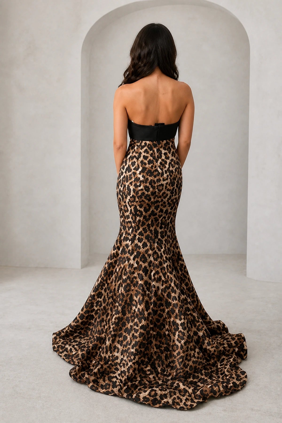 graceprom leopard print mermaid prom dress back view, strapless straight back, center back zipper, sweep train hem formal gown