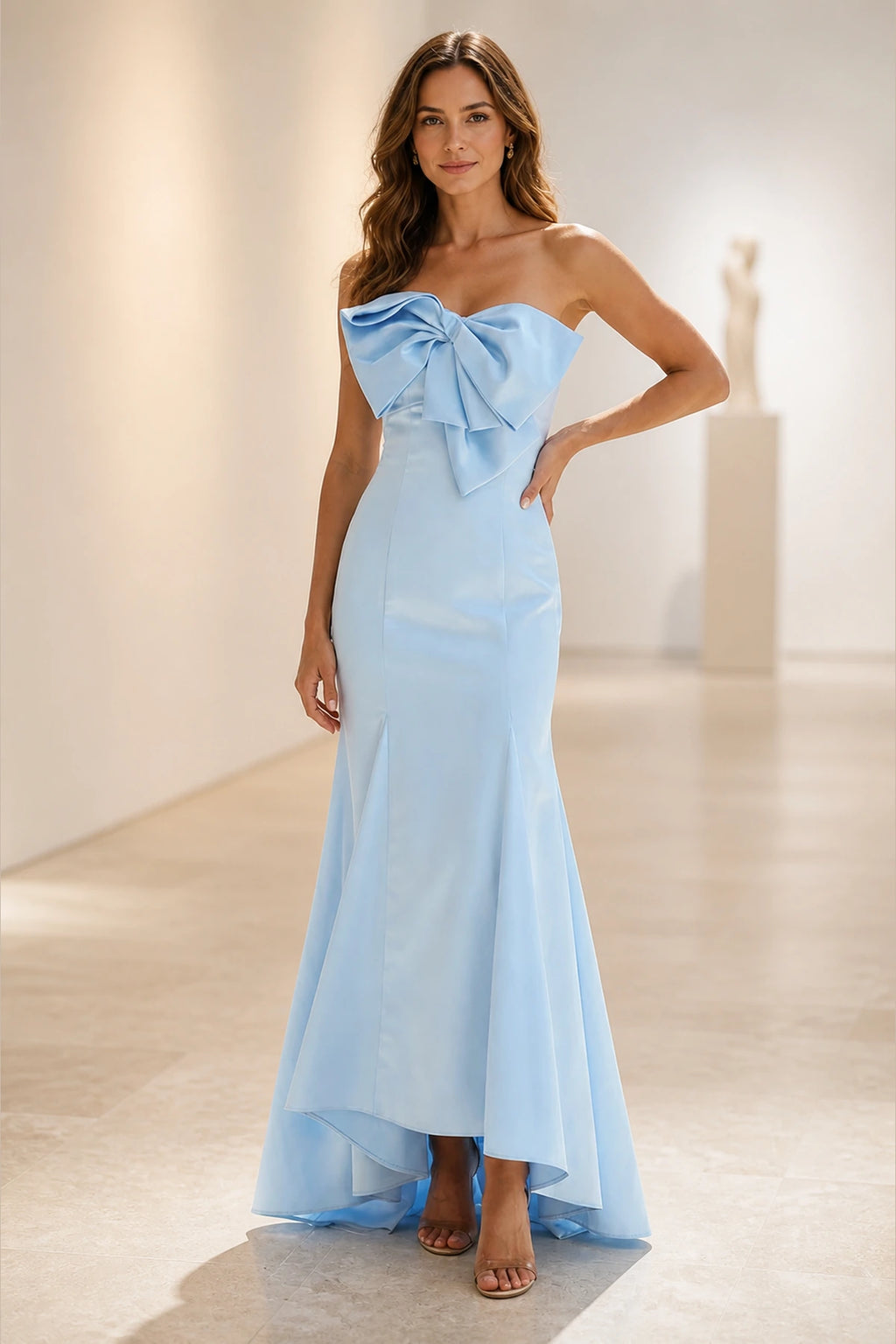 Graceprom light blue satin mermaid prom dress, strapless large bow detail high-low formal gown front view