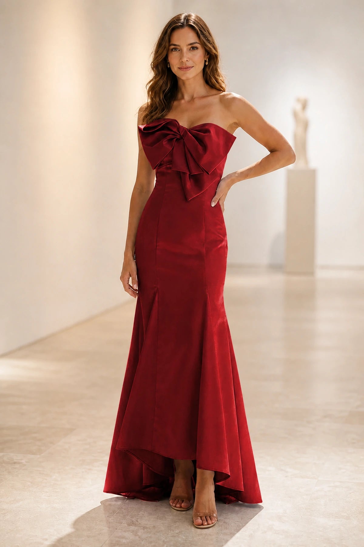 Glamorous satin mermaid strapless sleeveless bow backless high-low prom dress