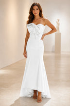 Glamorous satin mermaid strapless sleeveless bow backless high-low prom dress
