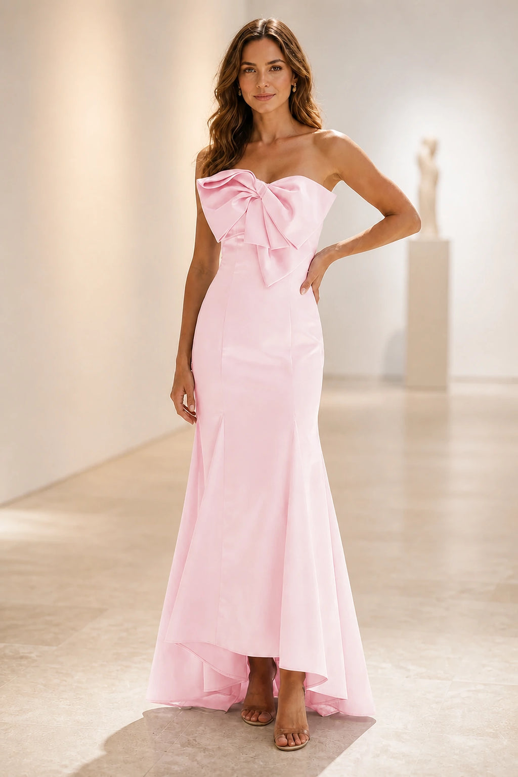 Glamorous satin mermaid strapless sleeveless bow backless high-low prom dress
