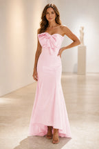 Glamorous satin mermaid strapless sleeveless bow backless high-low prom dress
