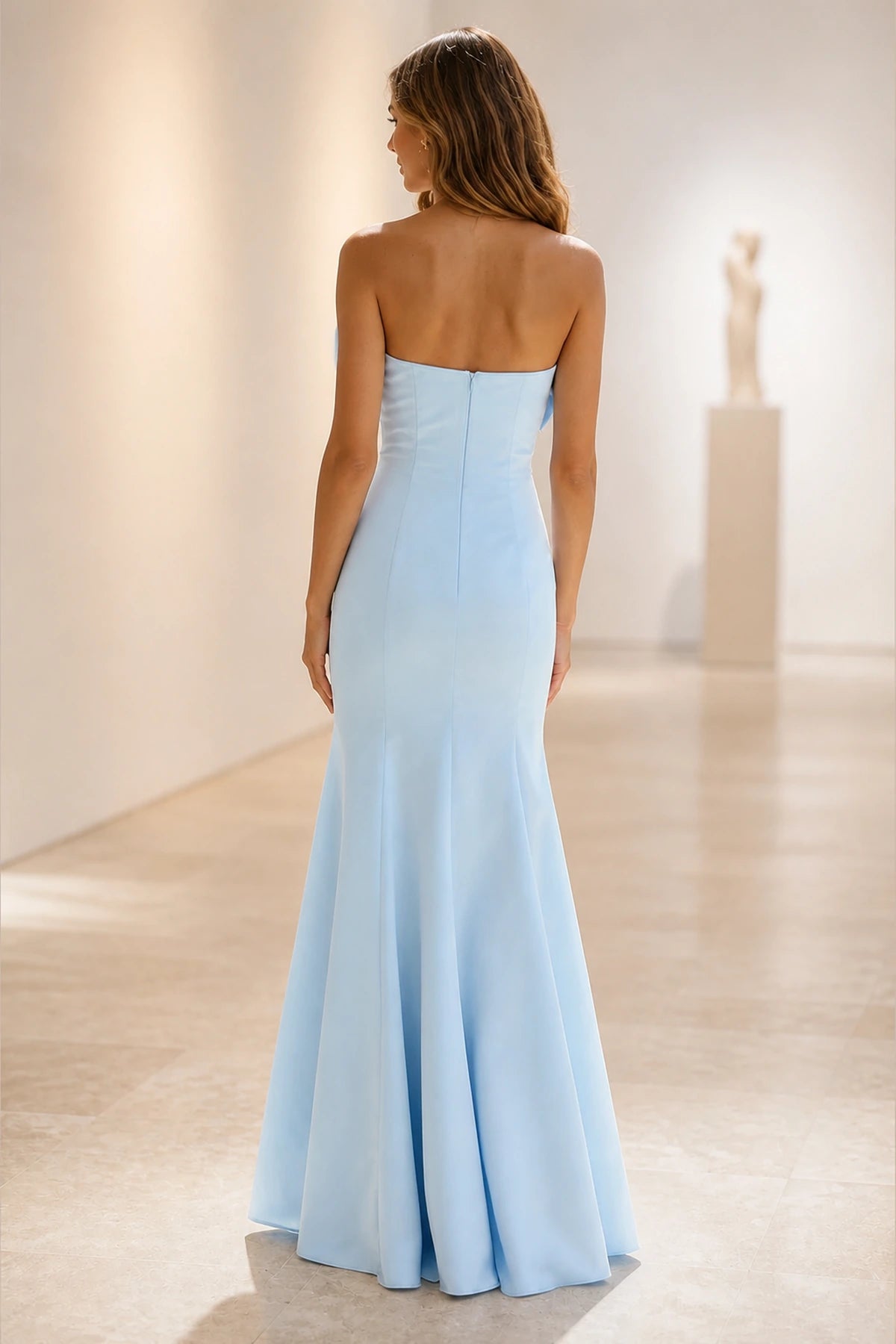 Graceprom light blue prom gown, strapless backless high-low mermaid satin long dress back view