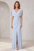 Light blue bridesmaid dress with V-neck, flutter sleeves, ruched waist and front slit by GraceProm