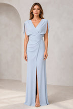 Light blue bridesmaid dress with V-neck, flutter sleeves, ruched waist and front slit by GraceProm