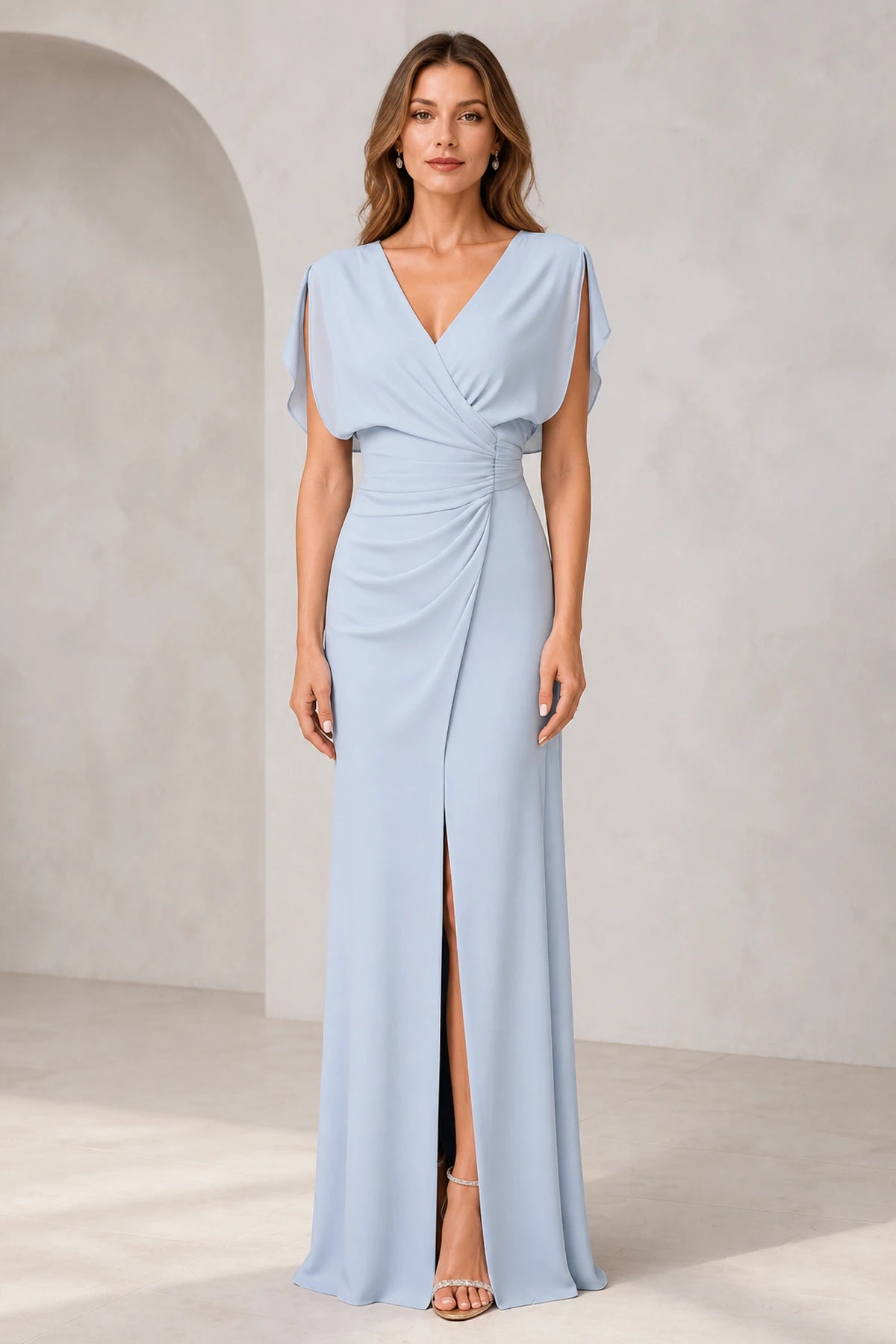 Light blue bridesmaid dress with V-neck, flutter sleeves, ruched waist and front slit by GraceProm