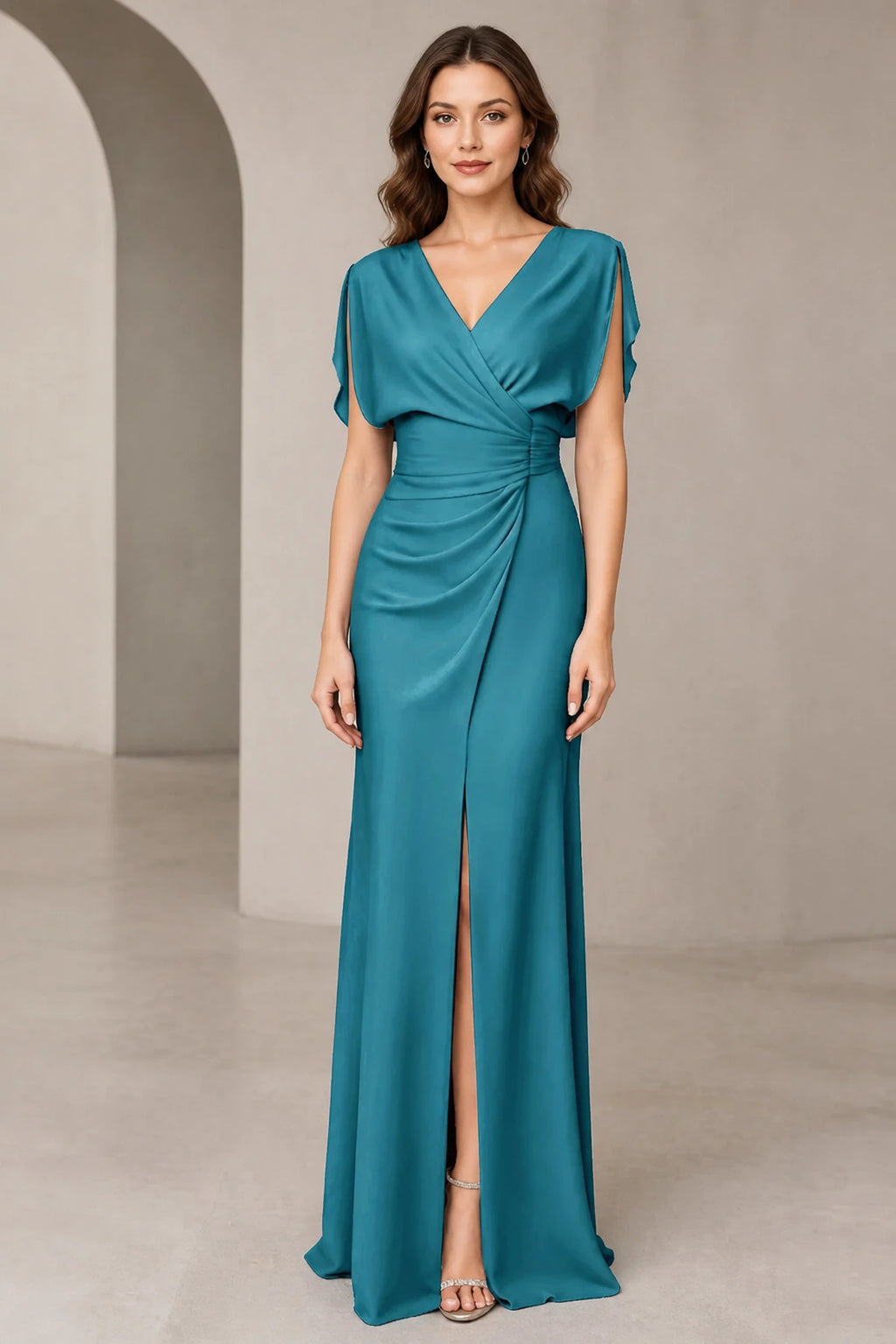 Graceful Sheath V-Neck Flutter-Sleeve V-Back Floor-Length Bridesmaid Dress