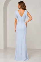Back view of light blue floor-length bridesmaid dress with flutter sleeves, deep V-back and zipper closure by GraceProm
