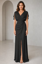 Graceful Sheath V-Neck Flutter-Sleeve V-Back Floor-Length Bridesmaid Dress