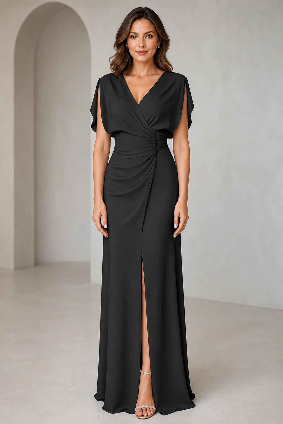 Graceful Sheath V-Neck Flutter-Sleeve V-Back Floor-Length Bridesmaid Dress
