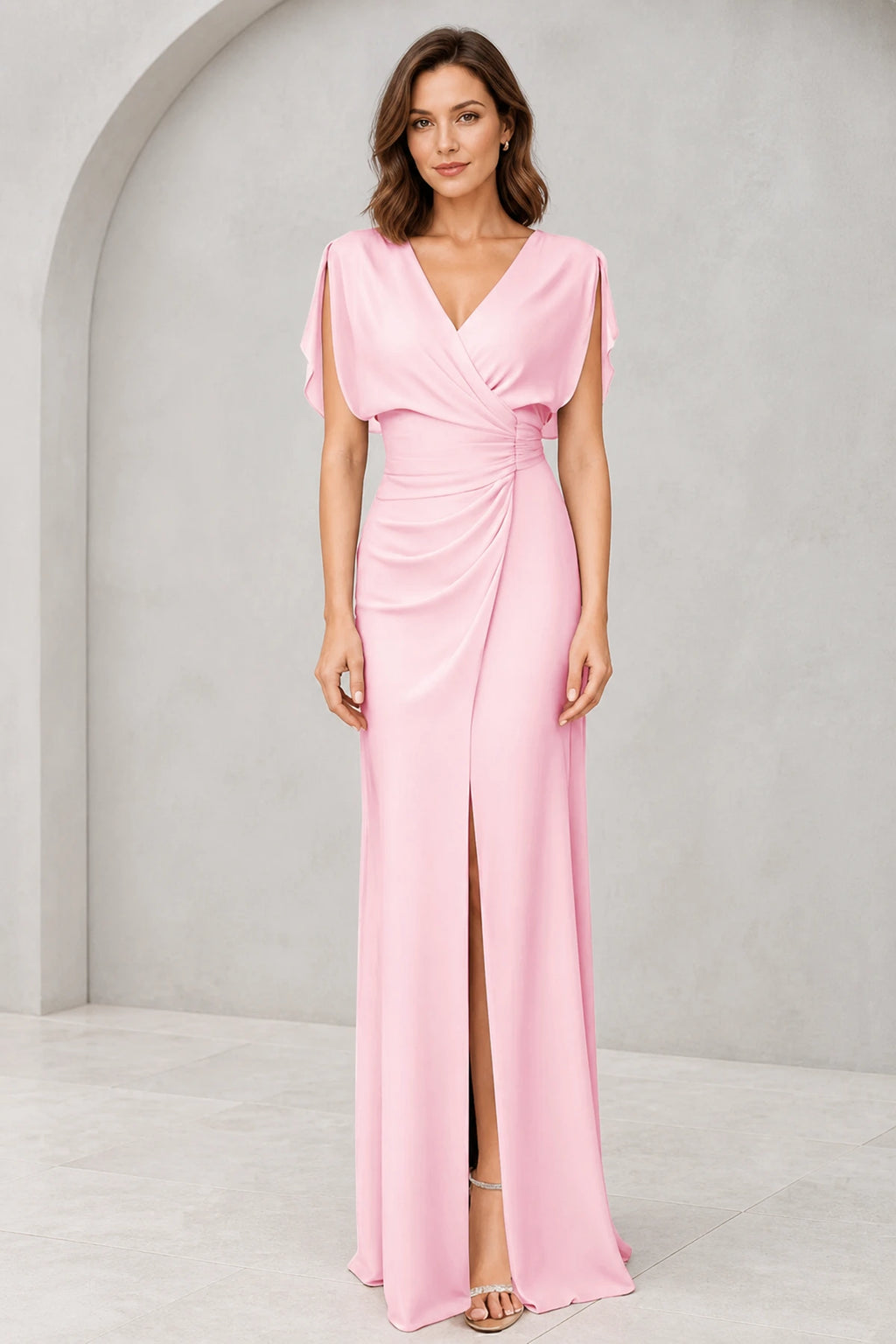 Graceful Sheath V-Neck Flutter-Sleeve V-Back Floor-Length Bridesmaid Dress