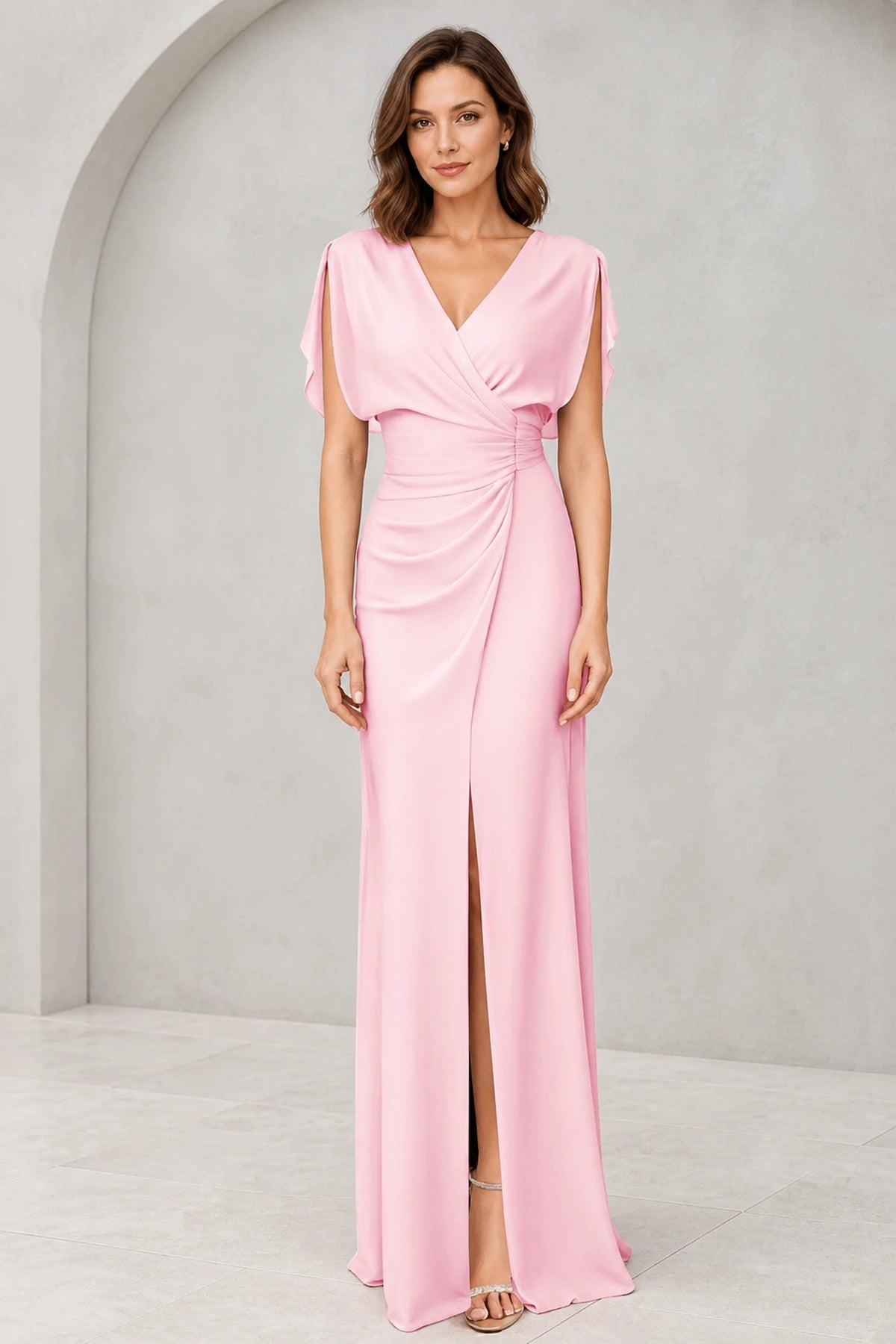 Graceful Sheath V-Neck Flutter-Sleeve V-Back Floor-Length Bridesmaid Dress