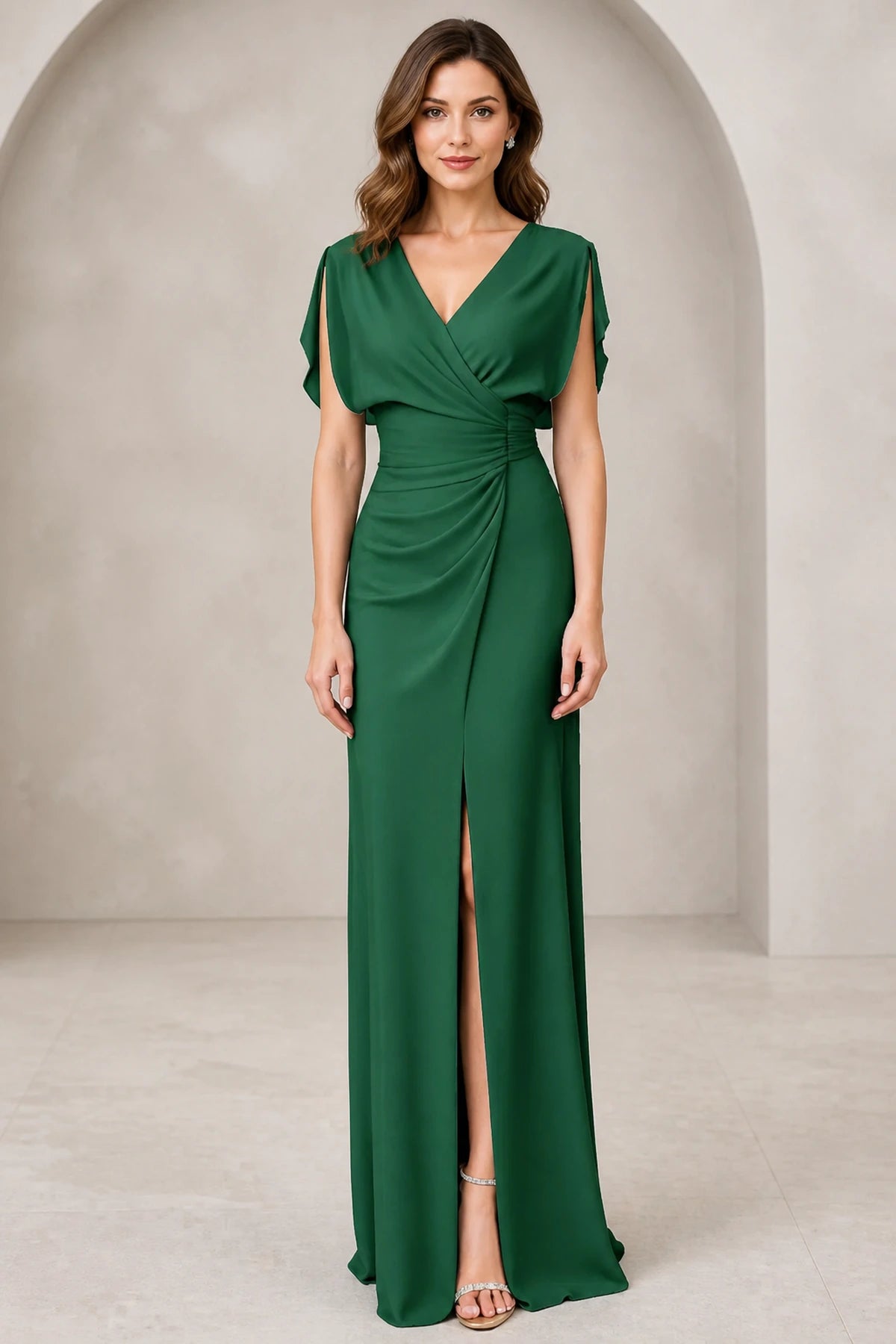 Graceful Sheath V-Neck Flutter-Sleeve V-Back Floor-Length Bridesmaid Dress