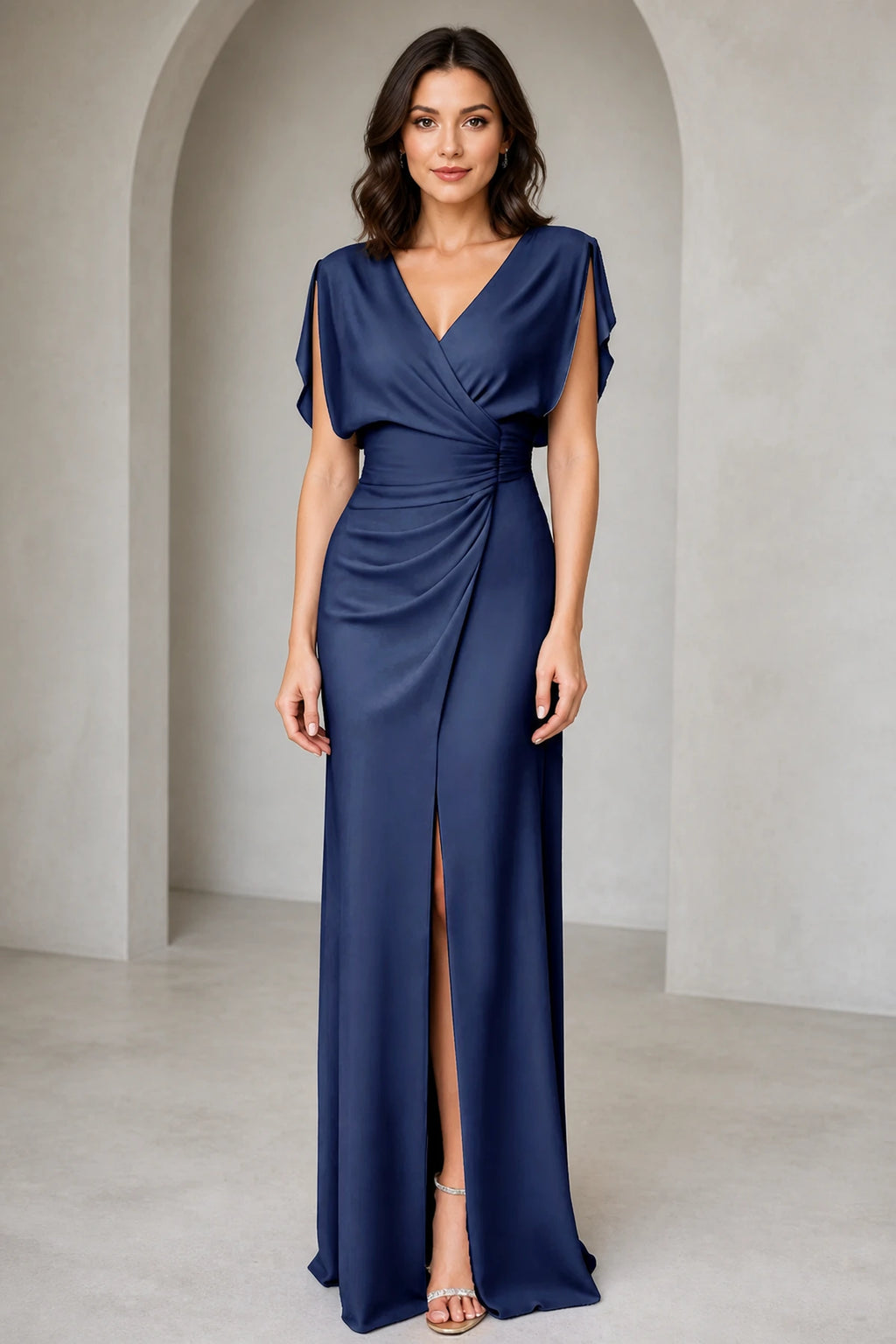 Graceful Sheath V-Neck Flutter-Sleeve V-Back Floor-Length Bridesmaid Dress